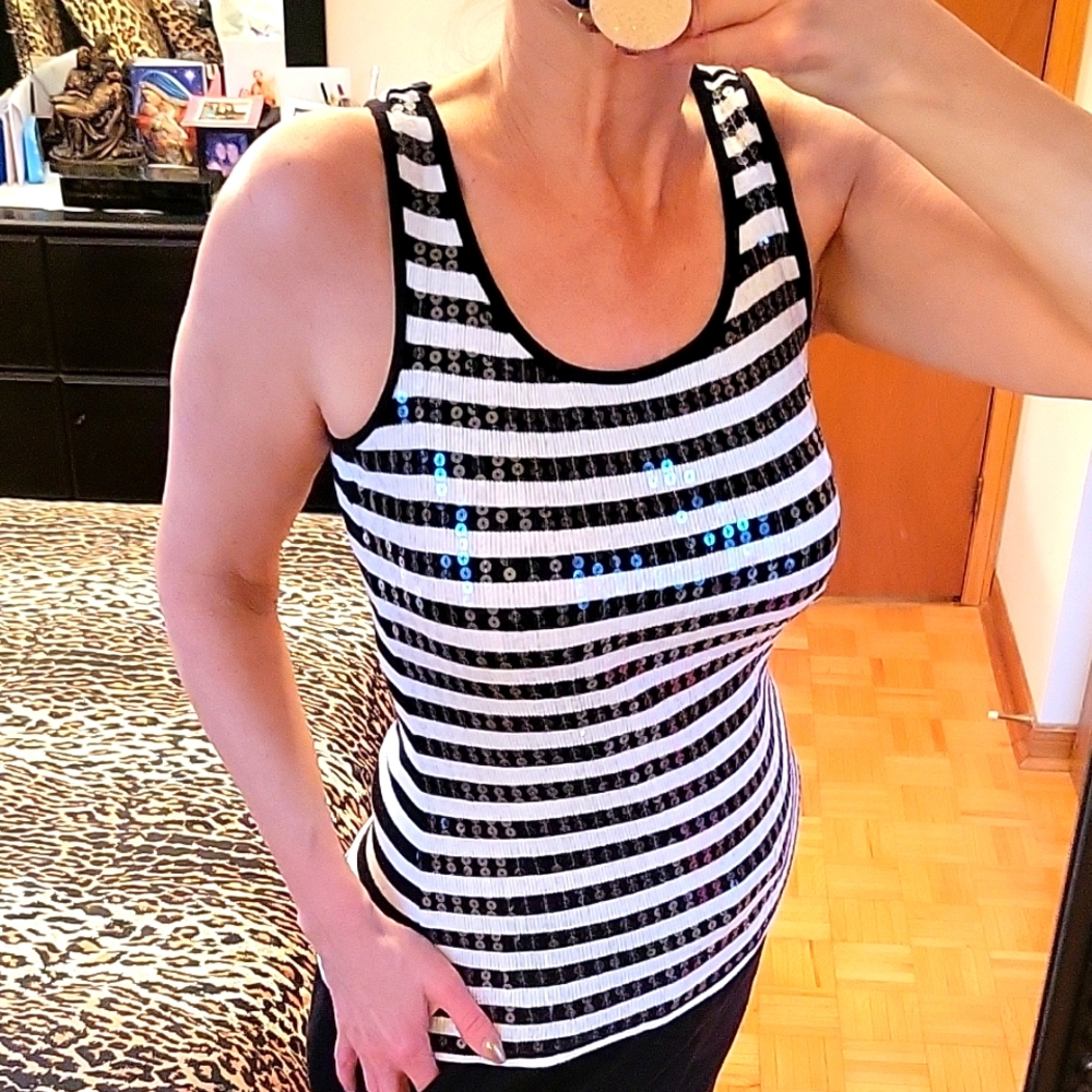 Stylish Sequined Black & White Striped Stretch-Knit Tank Top, M